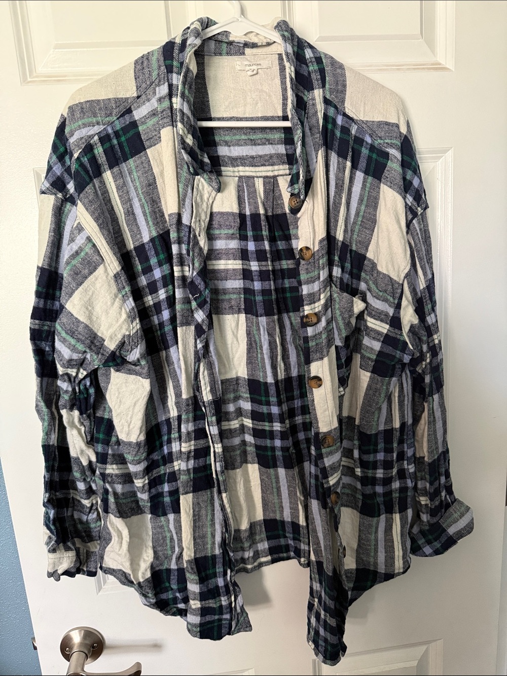 Cream, Blue & Green Plaid Button-Up Shirt